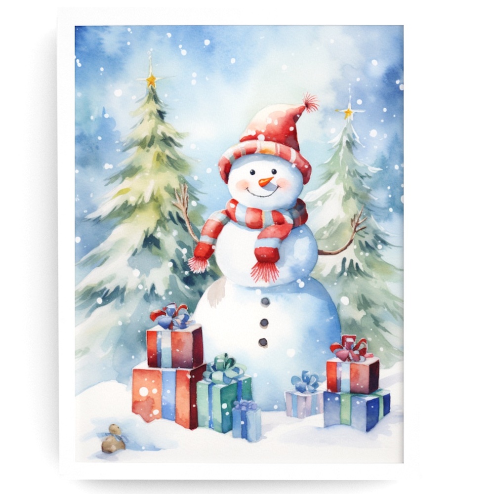 Watercolor Snowman Christmas Theme Wall Art Illustration Print Unframed